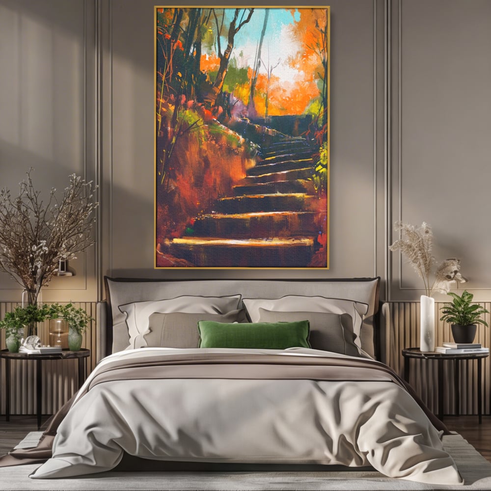 Tablou canvas cu tablou canvas cu scari de toamna, in rama de aluminiu auriu, pe perete intr-un dormitor